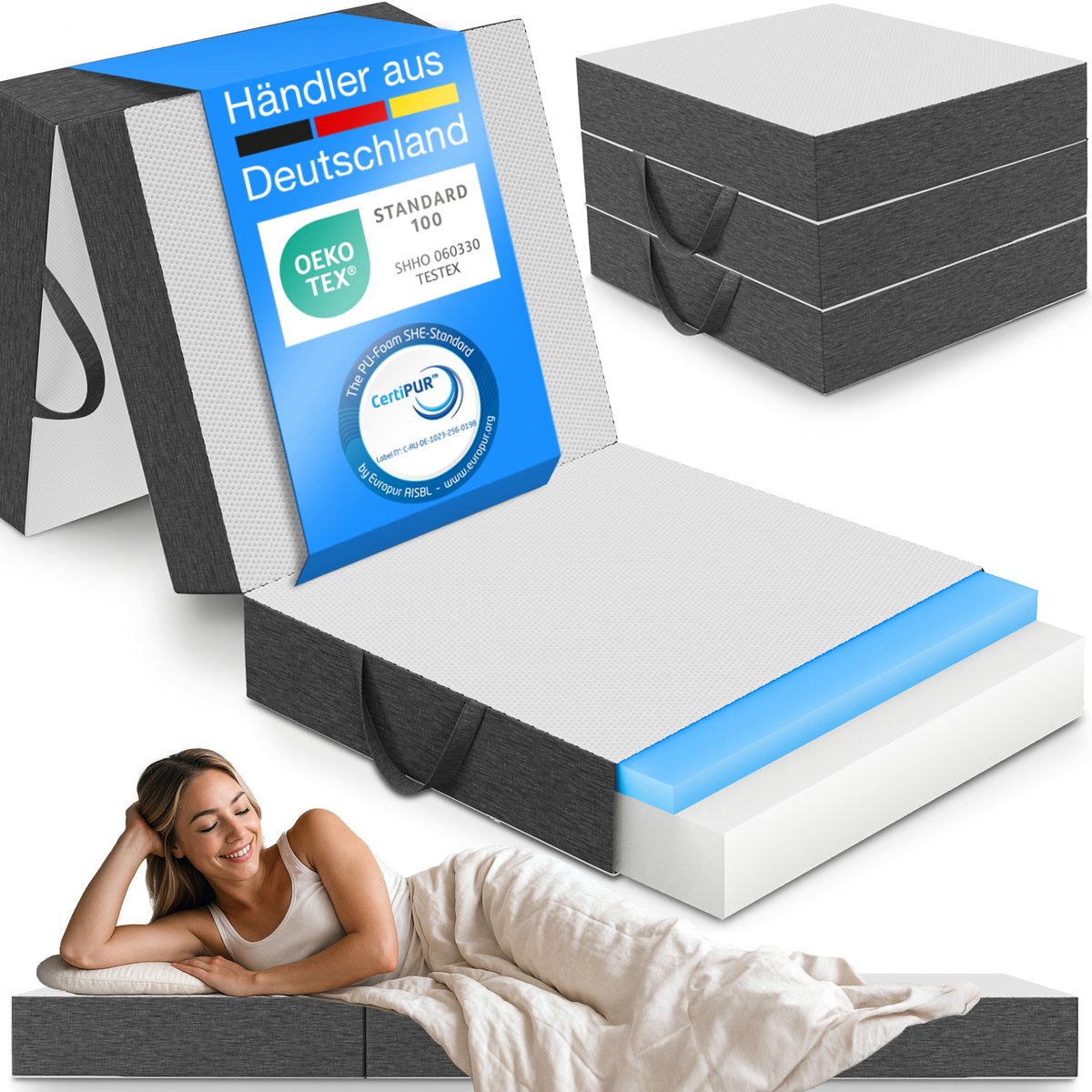 ELONEO Visco-Elastisch Schuim Opvouwbaar Matras - 75x200 cm, 15 cm Extra Dikke Vouwmatras, Wasbare Hoes, Multifunctioneel Logeerbed, Reismatras, Logeermatras, Opvouwbaar Bed, Poef, Zitje en Futon Wit