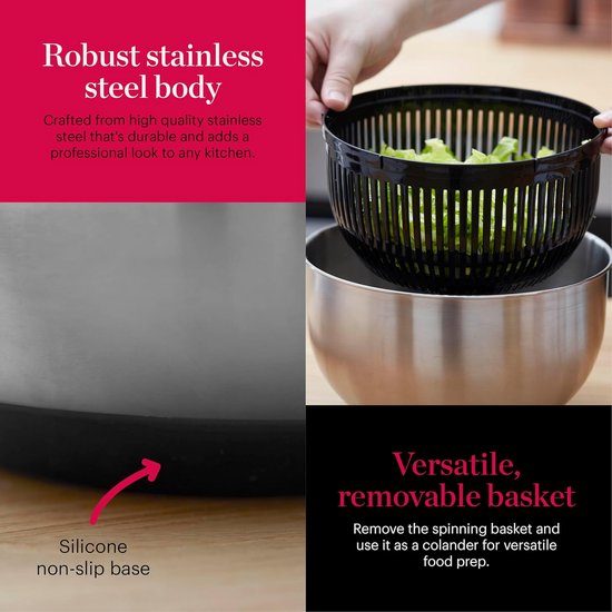 Salade Droger - Groenten Centrifuge - Snel Salades Maken - Eenvoudig Trekkoord - 5 Liter - Zilver — afbeelding 3