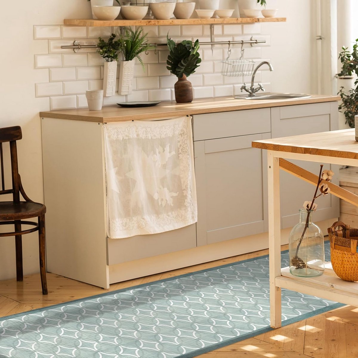 Keukenmat Loper - Antislip en Wasbaar Vinyl - 240x50 cm - Vintage Groen Ontwerp