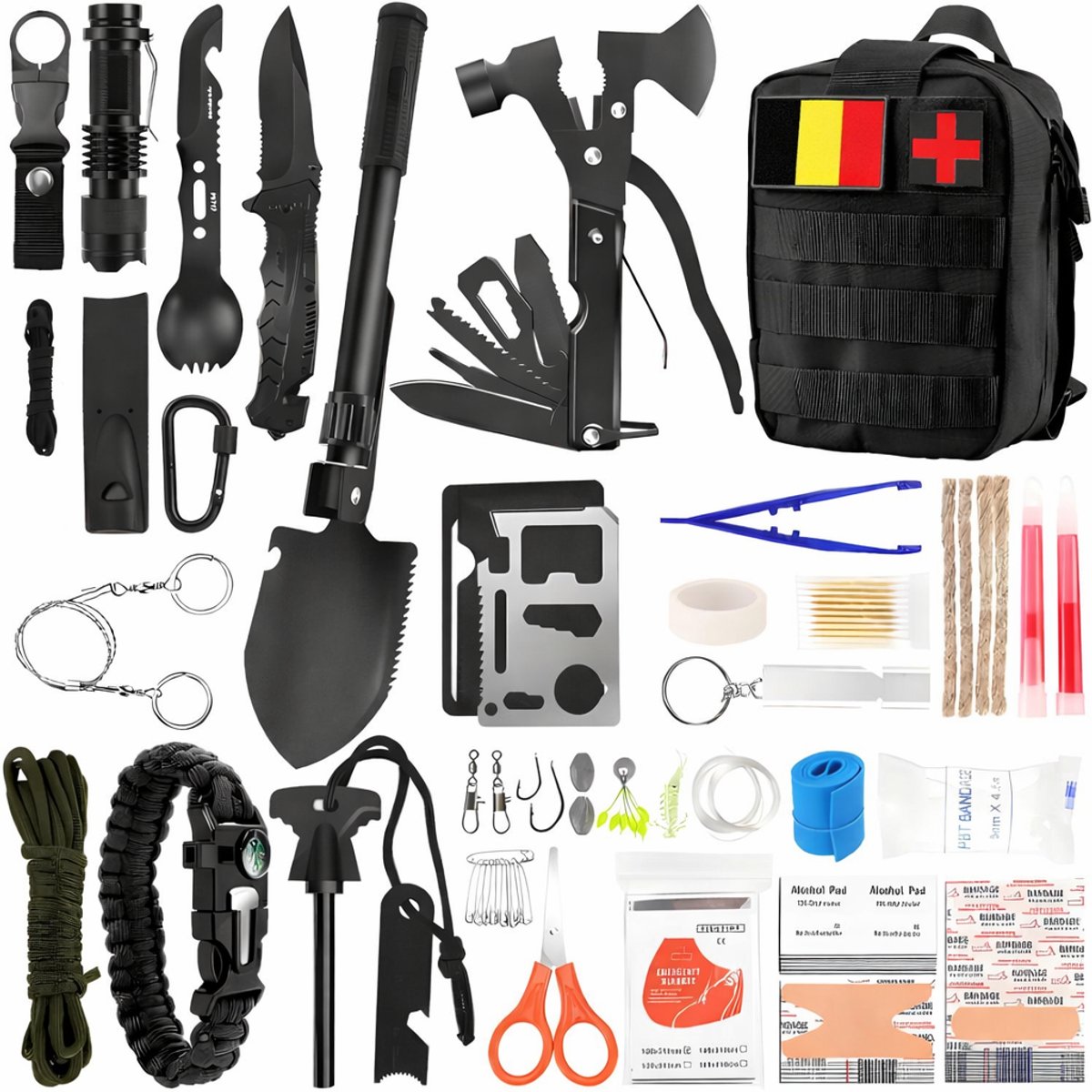 XXL Survival Kit 92-in-1 – Noodpakket Outdoor & Camping – Bushcraft Survival Set met EHBO Kit, Multitool, Bijl, Zaklamp & Paracord – Inclusief Tactische Tas met BE Patch