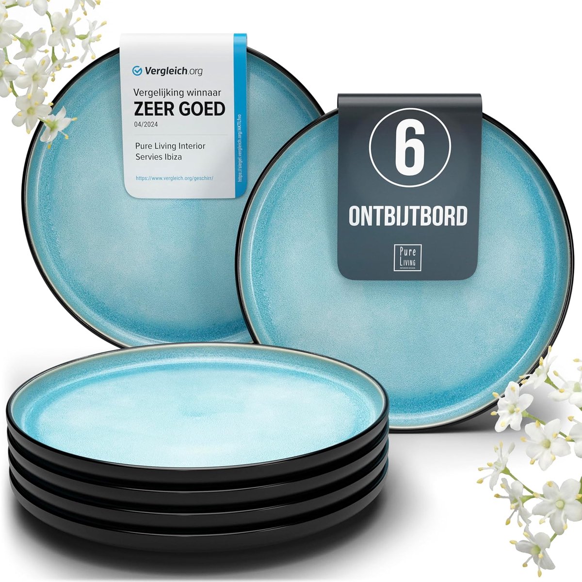 Set van 6 Ontbijtborden en Dessertborden - Aqua Blauw - Trendig Gebaksbord - Vaatwasserbestendig