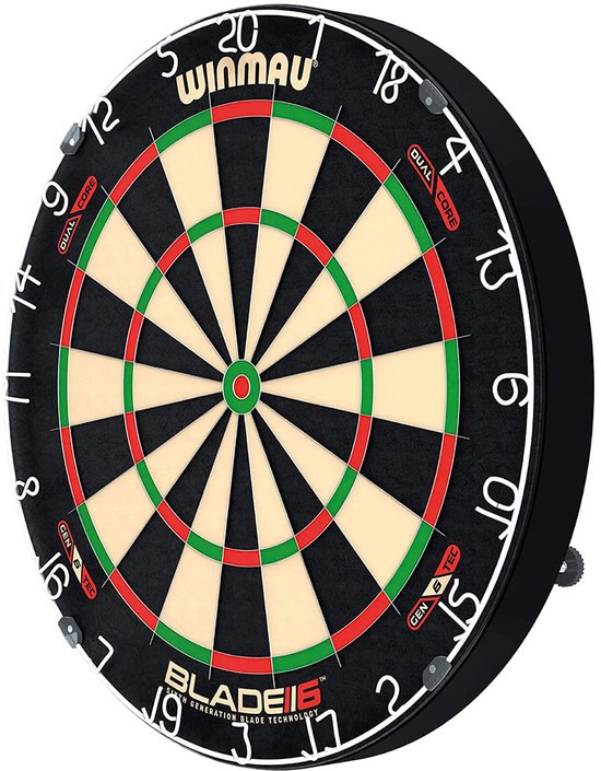 Winmau Blade 6 Dual Core dartbord met zwart, rood en groen. "DUAL CORE" en "BLADE 6" tekst.
