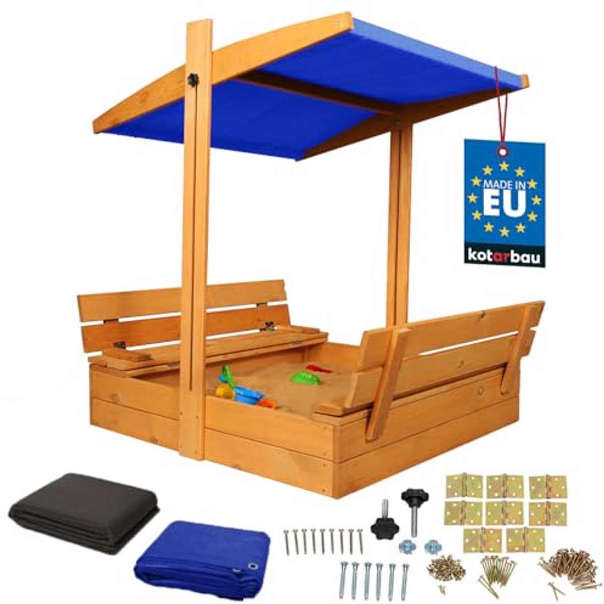 KOTARBAU® Houten Zandbak - 100 x 100 cm - Bruin - Zandbak met Bankjes - met Blauw Dak - en Grondzeil - voor Tuin - Buitenspeelgoed