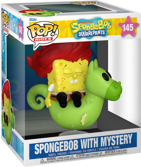 Spongebob met rode pruik, zittend op een groene zeepaard met krulstaart, in de verpakking.