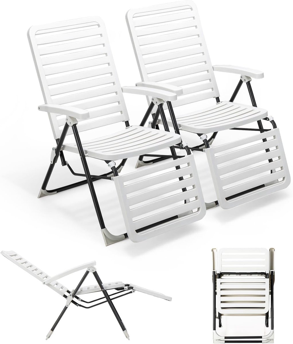 KOMFOTTEU Set van 2 Ligstoel voor de tuin, inklapbaar, met 7-voudig verstelbare rugleuning, zitting van PP-materiaal met metalen frame, belasting 150 kg, voor terras, zwembad, 2 stuks