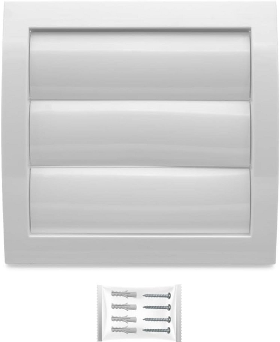 Ventilatierooster Wit Rond 100 mm met Verstelbare Lamellen en Insectenhor - Luchtafvoer Afdekking 150x150 mm