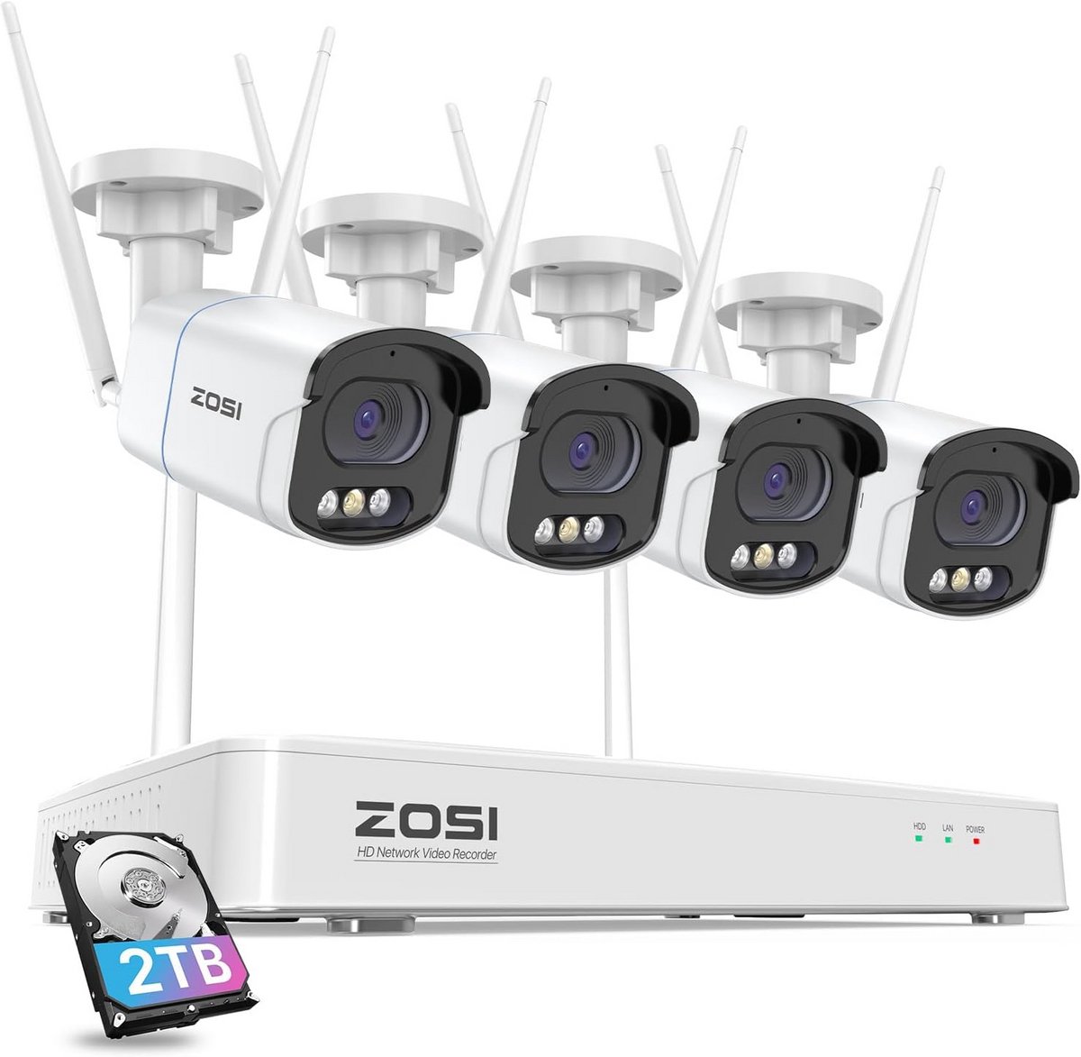 4MP WiFi Buiten Beveiligingscamera Set met 2.5K NVR en 2TB Harde Schijf - AI Personen & Voertuigdetectie, Schijnwerper