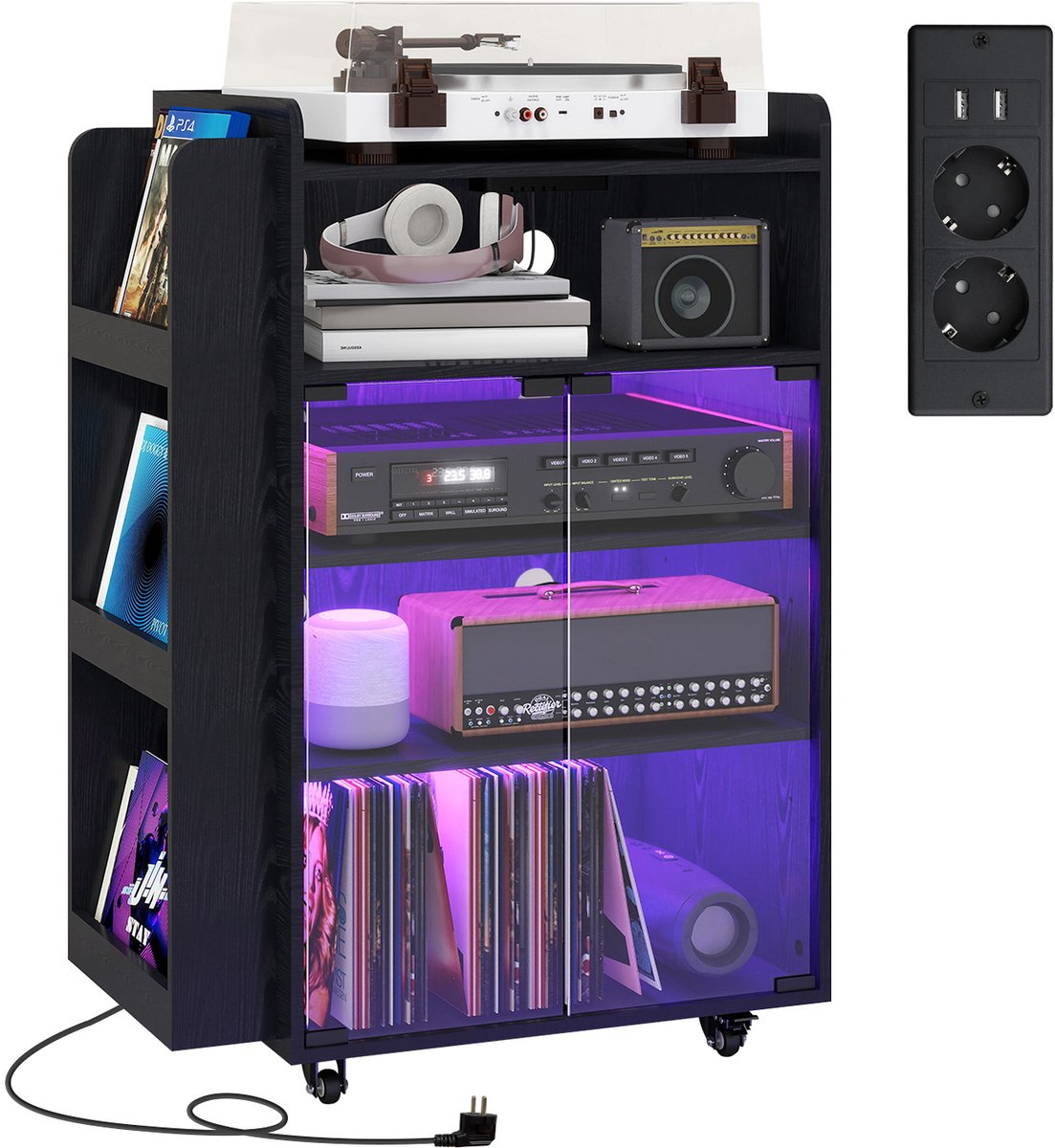 Puluomis - Platenspeler Meubel - LP-kast - Met stekkerdoos - RGB-lichtstrip - Platenspeler Kast - Platenspelerstandaard - Vintage Display Plank