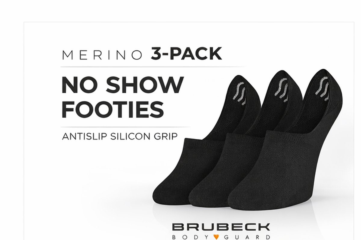 Brubeck Merino Sneakersokken / Footies – No Show Sokken – 3 Pack – Antislip Silicon Grip – Unisex Zwart 38/40