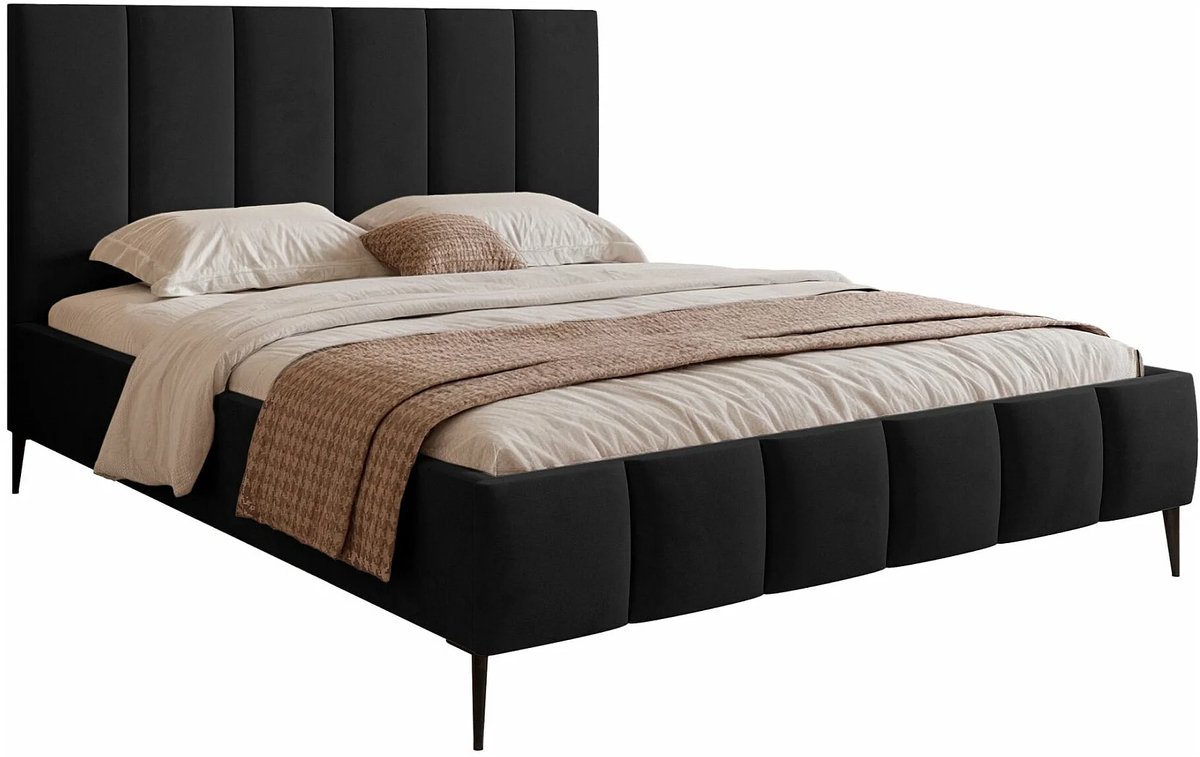 Gestoffeerd Tweepersoonsbed 180x200 cm met Opbergruimte – Luxe Zwart Fluwelen Bed met Verticale Naden en Hoogwaardige Metalen Poten – Comfortabel en Duurzaam Slaapmeubel | Abkantoor