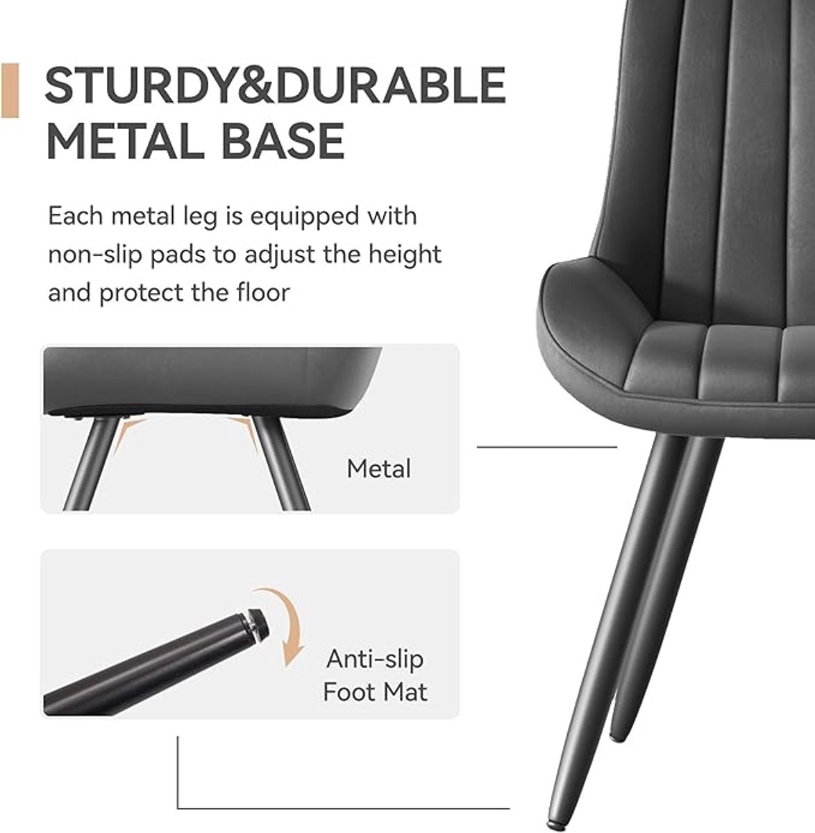 Eetkamerstoelen Set van 6 – Moderne Gestoffeerde Keukenstoelen met 8 cm Zitkussen en Ergonomische Rugleuning – Donkergrijs, Metalen Poten, 46,9 x 54,8 x 83,2 cm – Comfortabele Stoelen voor Keuken en Eetkamer – Abkantoor