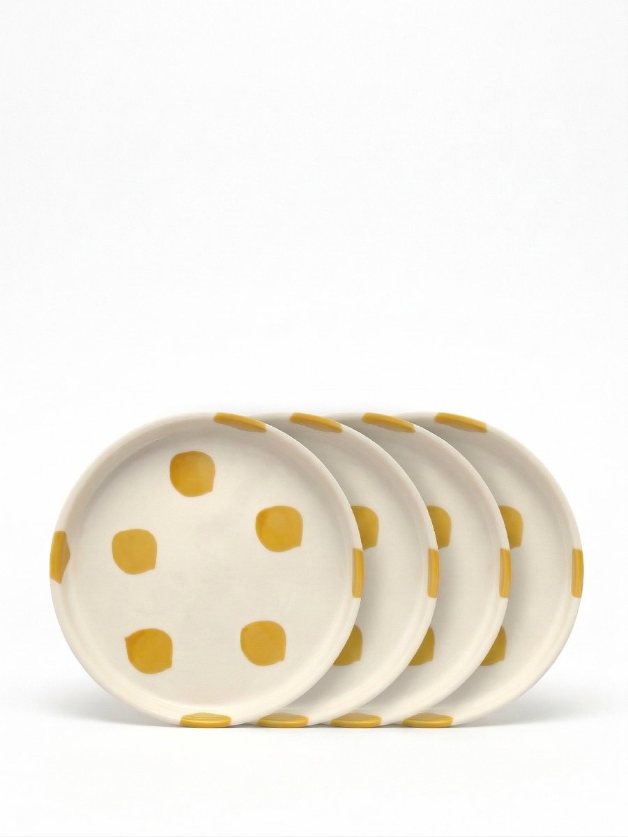 vtwonen - Borden - Gebaksbord - Stippen - Geel - Set van 4 - Keramiek - 13cm