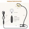 Specificaties van een zwarte bureaulamp met ringlamp (9 cm diameter, 23 leds), 40 cm arm, 4 cm klem. 150 cm USB-kabel. Bediening: helderheid en kleur.