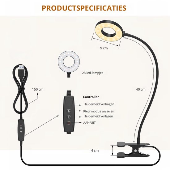 Specificaties van een zwarte bureaulamp met ringlamp (9 cm diameter, 23 leds), 40 cm arm, 4 cm klem. 150 cm USB-kabel. Bediening: helderheid en kleur.
