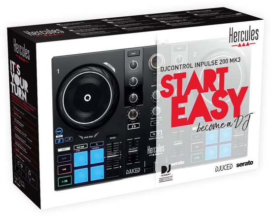 Verpakking van DJControl Inpulse 200 MK3 met een afbeelding van de controller en de tekst 'START EASY'.