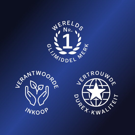 Drie witte logo's: 'Werelds Nr. 1 Glijmiddel Merk', 'Verantwoorde Inkoop' en 'Durex-kwaliteit'.
