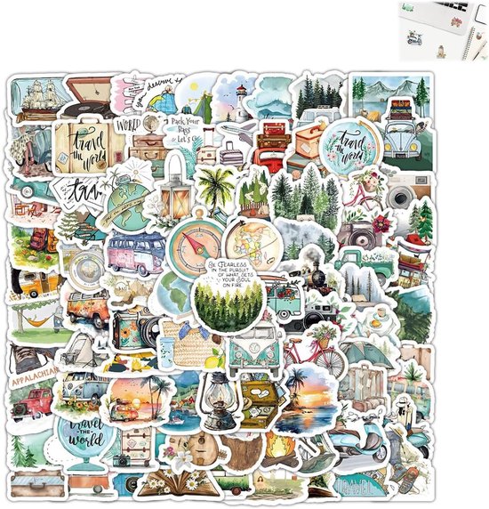 Vaste collection d'autocollants sur le thème du voyage : camping-cars, valises, cartes du monde et paysages.