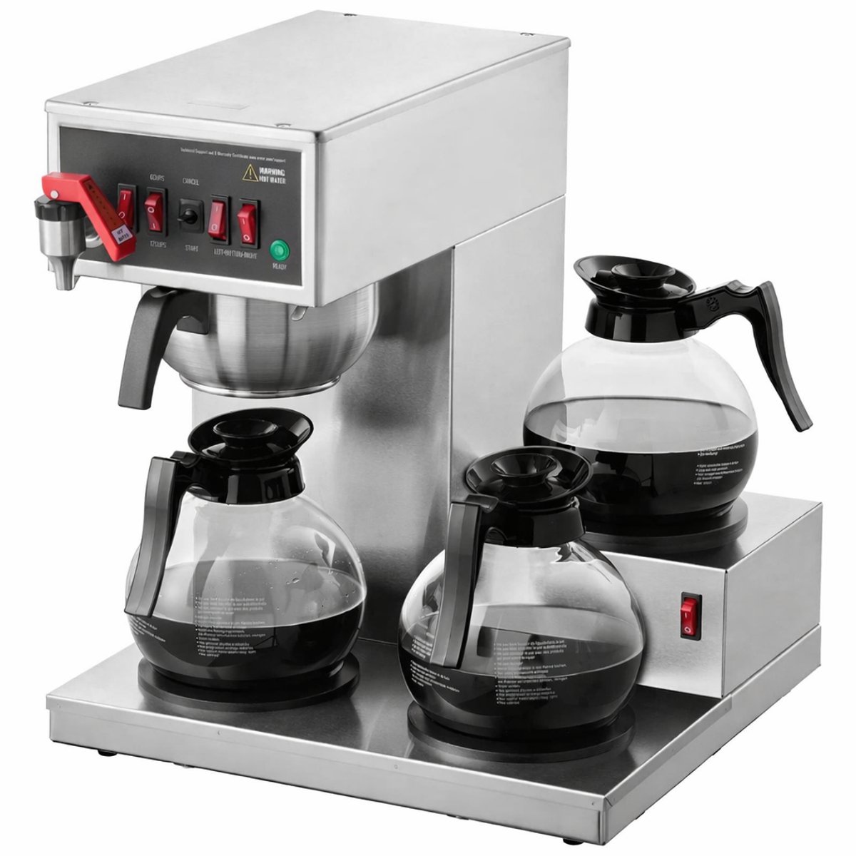 Druppelkoffiezetapparaat - 12 Kops - 3 Glazen Karaffen - 3 Warmhoudplaten - RVS SUS304 Trechter - Mechanische Bediening - Automatische Watertoevoer - Commercieel Koffiezetapparaat - Kantoor - Restaurant - Café - 6 Minuten