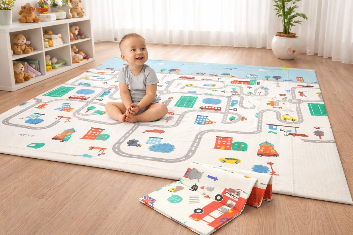 Speelmat – Speelkleed - Kinderen – Boxkleed - Babygym - Zachte Kruipmat met Levendige Auto & Stad Print – Speelmat foam - Baby - Opvouwbaar - Babyshower - 150x200cm - Inclusief opbergtas