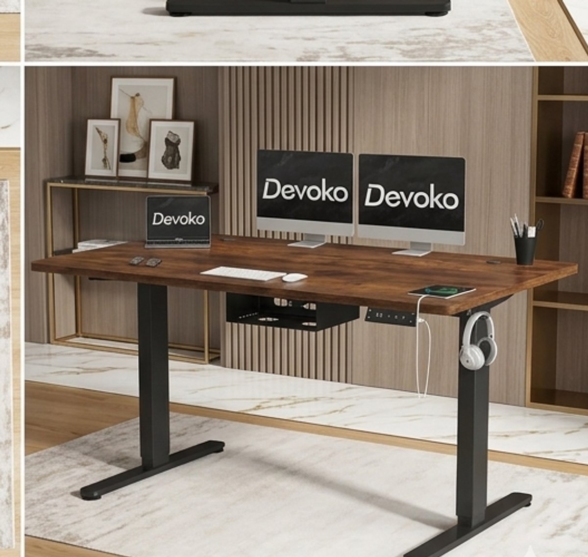 Premium Elektrisch Verstelbaar Bureau 160x80 cm – Zit-Sta Bureau met Type-C Oplaadpoort, Kabelmanagement Tray, Mobiel en Stabiel, Vintage Bruin – Modern Computertafel voor Thuis & Kantoor, Gezond Werkcomfort, Geluidloos A-Furniture