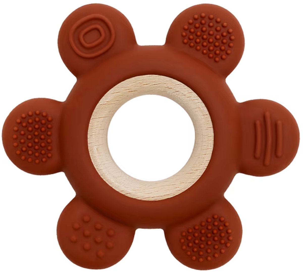 Bijtring van siliconen & hout (Wijnrood)