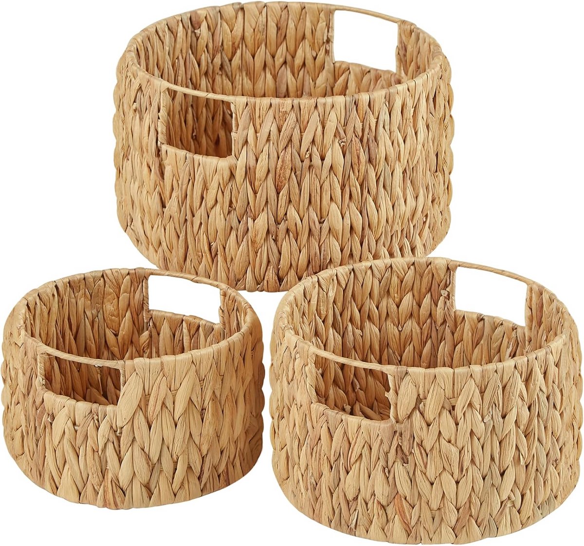 Set van 3 Ronde Handgeweven Waterhyacint Opbergmanden met Handvatten