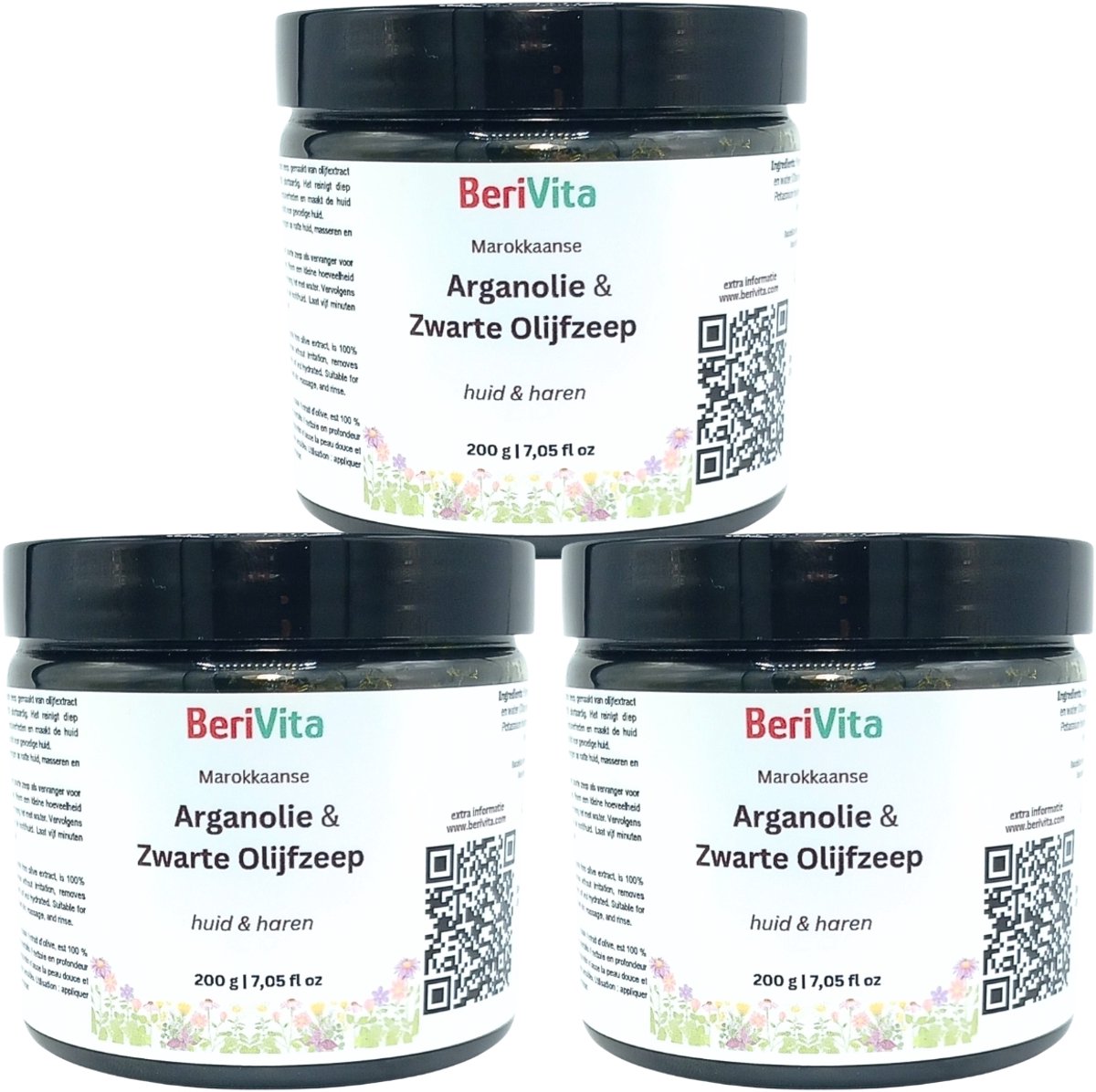 Marokkaanse Zwarte Zeep met Arganolie 3x200gr - Arganzeep, Sabon Beldi