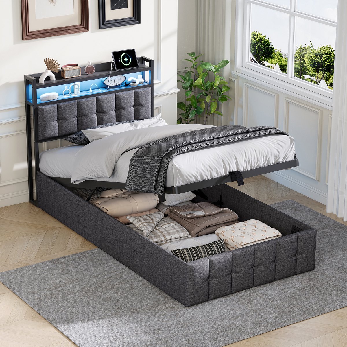 Opbergbed 90x200 met LED & USB – Bed met Hoofdbord en Opbergplanken – Grijs Linnen