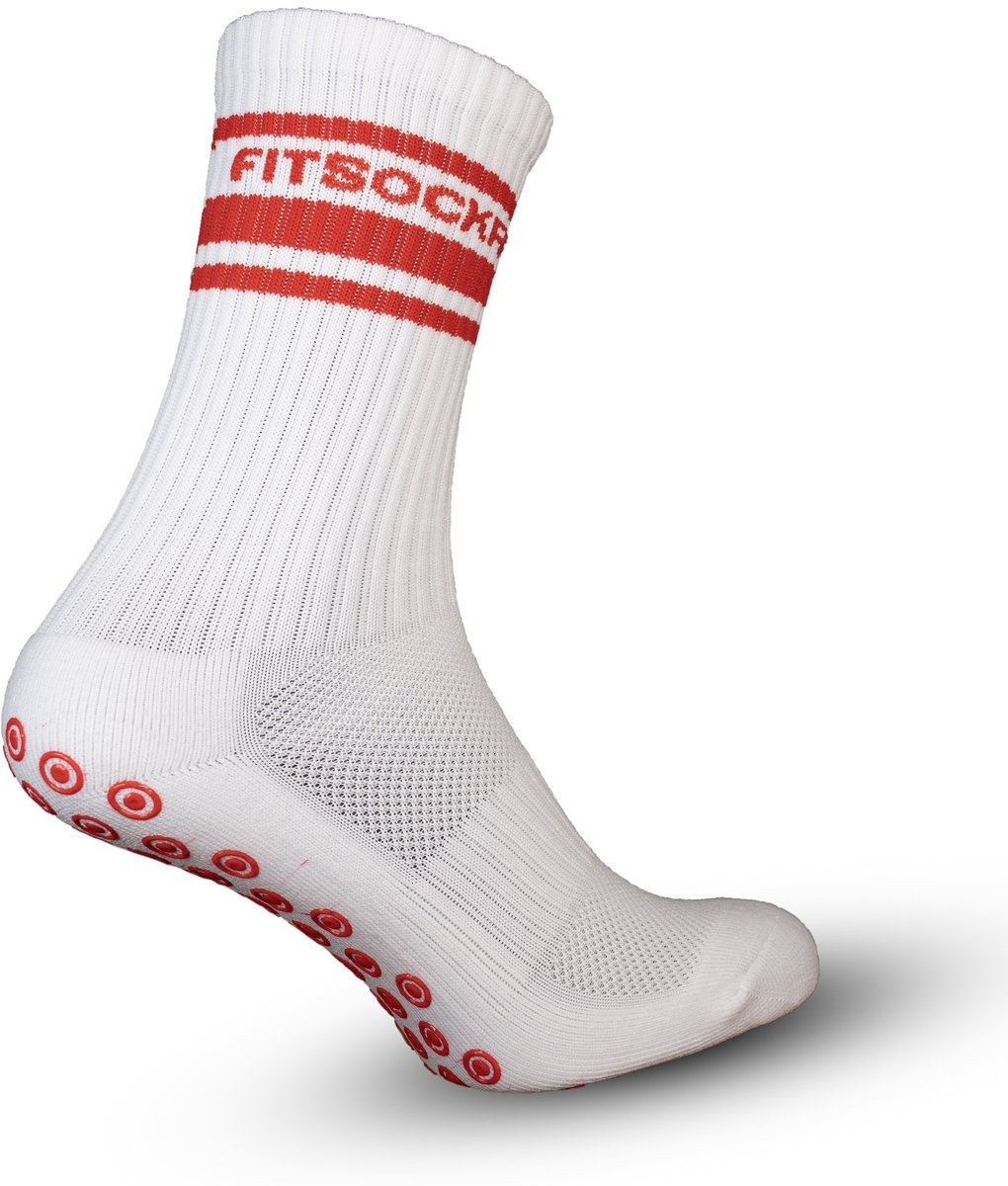 FitSockr Gripsokken Line - Sportsokken met grip - Grip socks - Antislip Sokken Heren/Dames/Kind - Gripsokken voor Voetbal/Fitness/Basketbal/Padel - Wit Rood - Maat 44/48