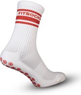 Witte sportsok met rode strepen en 'FITSOCKR' tekst. Rode cirkelvormige gripjes op de zool.