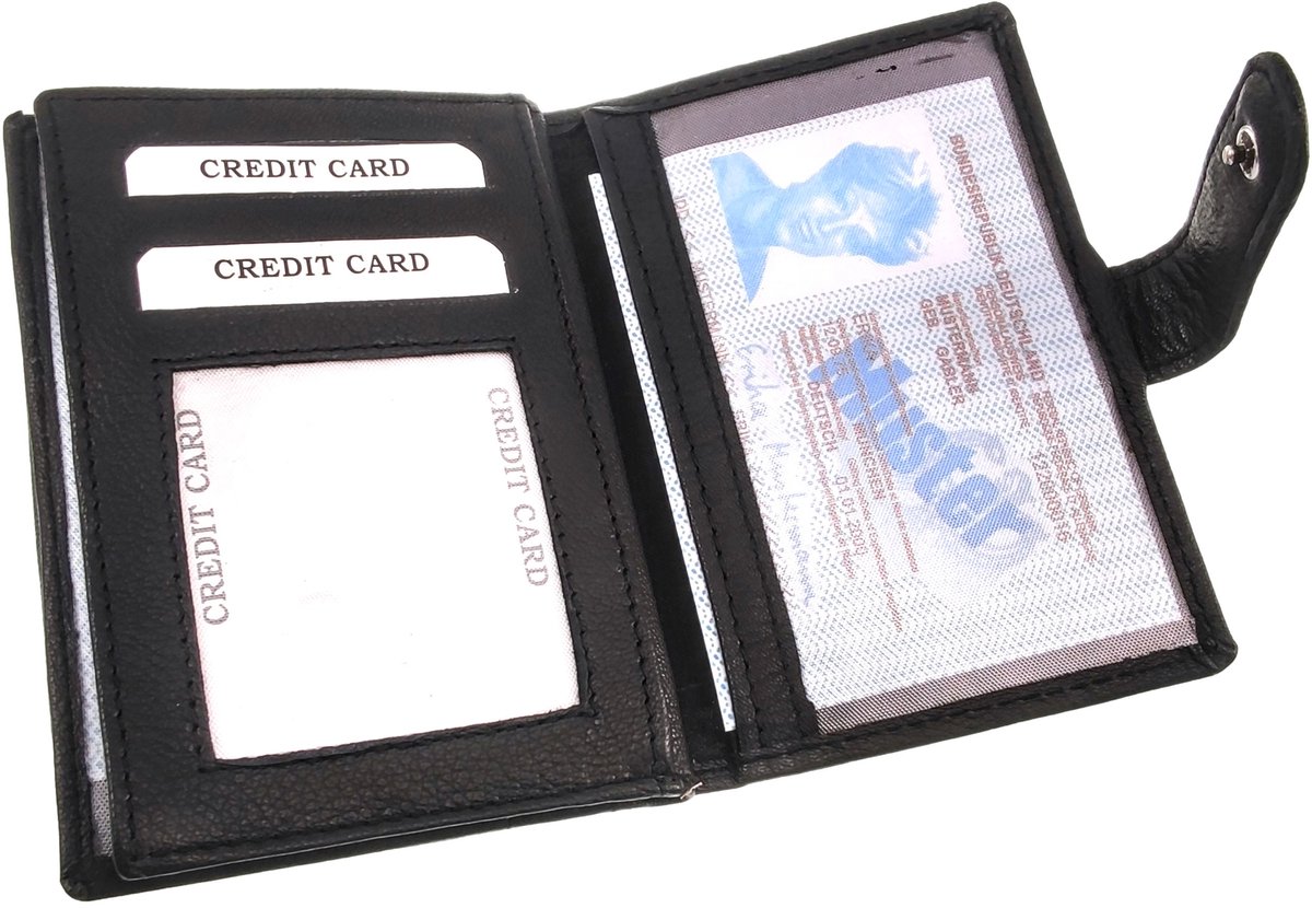 Unisex Leren Portemonnee met RFID-bescherming - Pasjesvakken - ID venster - Echt Leer Zwart