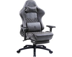 Dowinx luxe gamingstoel - ergonomische bureaustoel van leer met quilting - 4D armleuningen - massage lendensteun en voetensteun - verstelbaar van 90° tot 170° - belastbaar tot 200 kg - grijs
