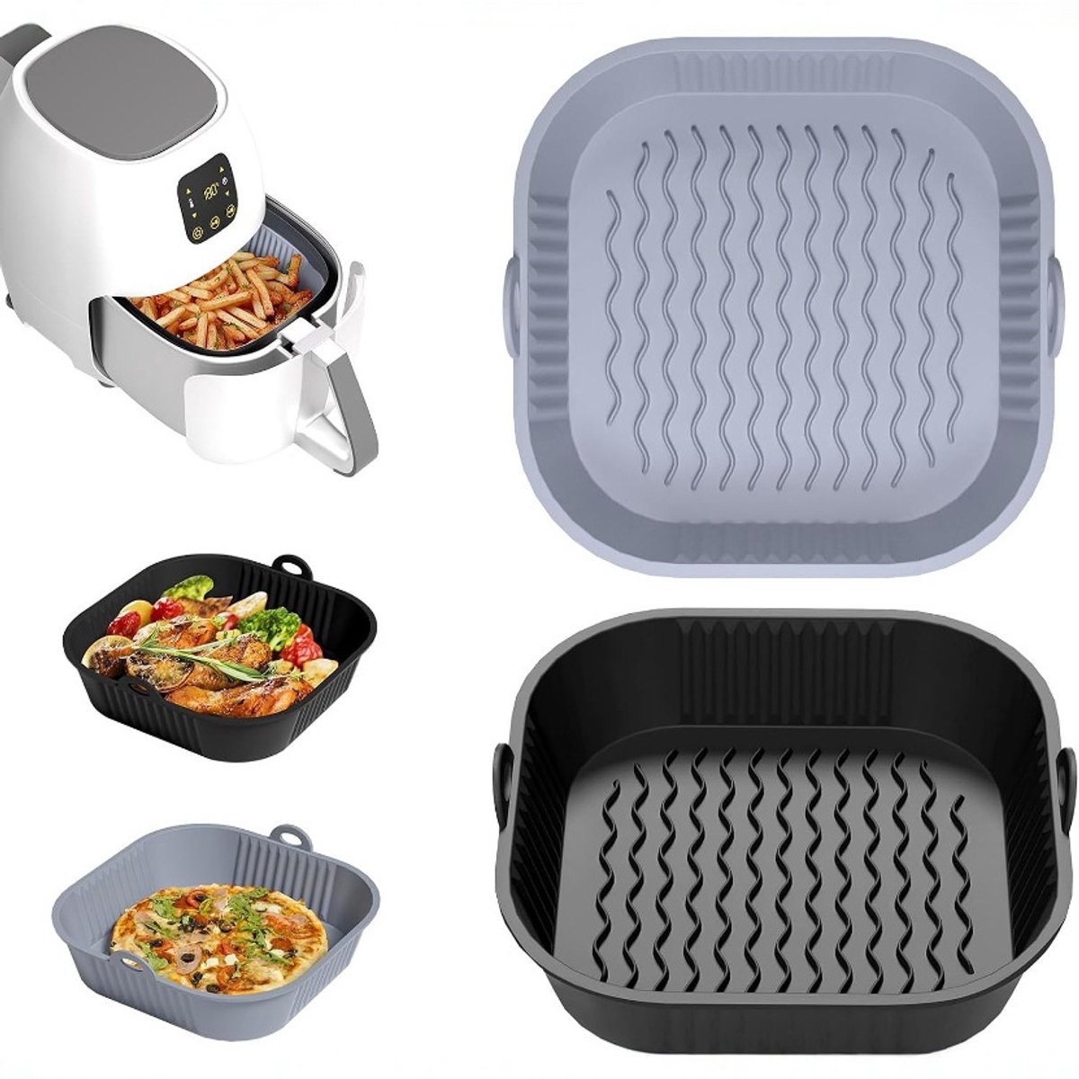 Accessoires voor siliconen airfryervormen van 5-8 liter, 2 siliconen airfryerkommen van 21 cm, herbruikbare keukenvormmandjes (grijs en zwart).
