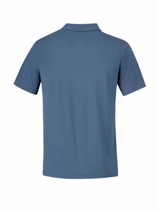 Achterkant van een blauw poloshirt met korte mouwen.