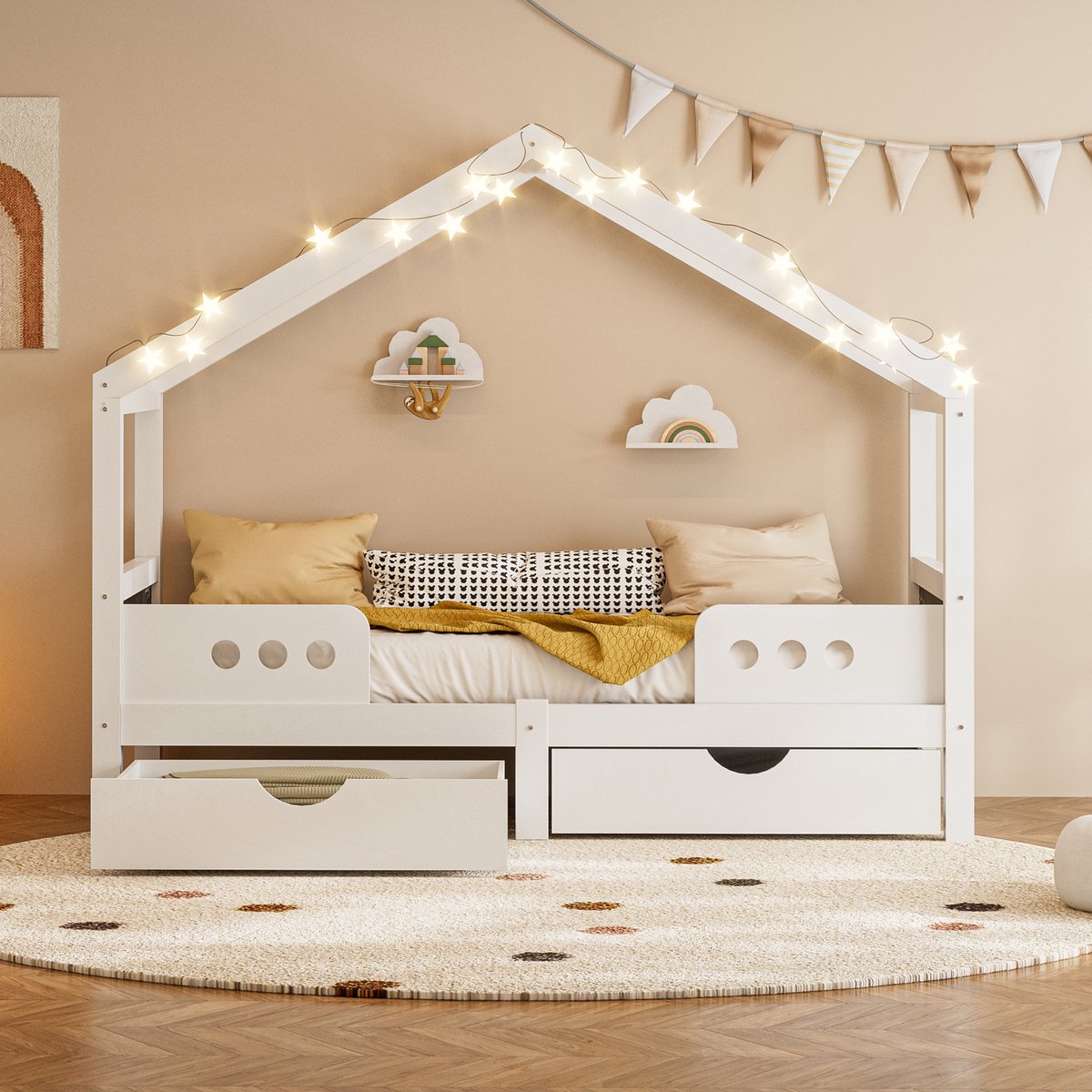VVBV Kinderbed Huisbed 90x200 cm met 2 Lades en Krijtbord - Houten Boomhutbed met Dak - Wit - Max 120 kg Beige