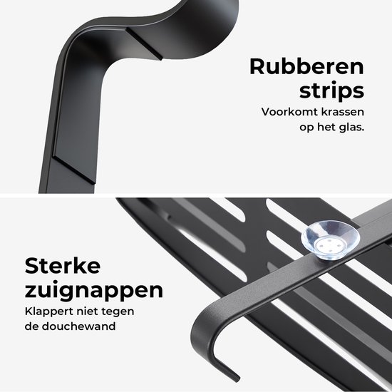 Close-up van rubberen strips aan de ophanghaken van een zwart doucherekje.