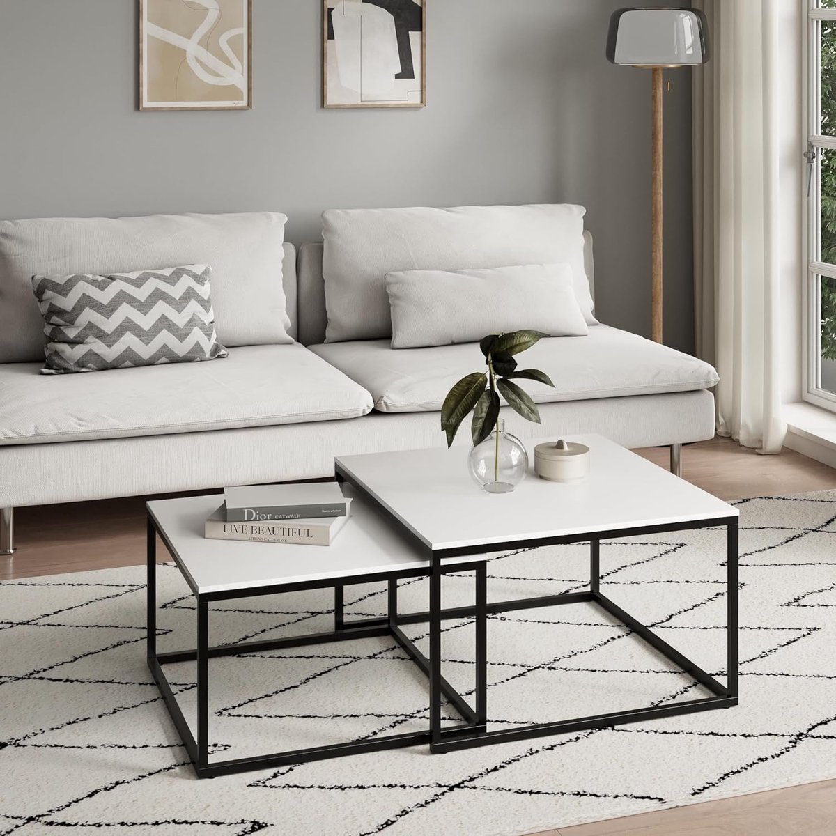 Set van 2 Vierkante Salontafels Wit Hout met Metalen Frame Loft Stijl