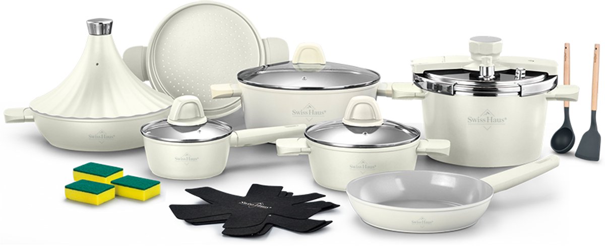 Swiss Haus® GPC3020CR Pannenset Inductie - 20 Delige Pannensets - PFAS Vrij - Incl. Koekenpan, Kookpotten, Steelpan, Snelkookpan, Stoommand & Tajine - Geschikt Voor Alle Warmtebronnen - Complete Kookset met Keramische Antiaanbaklaag - Creme