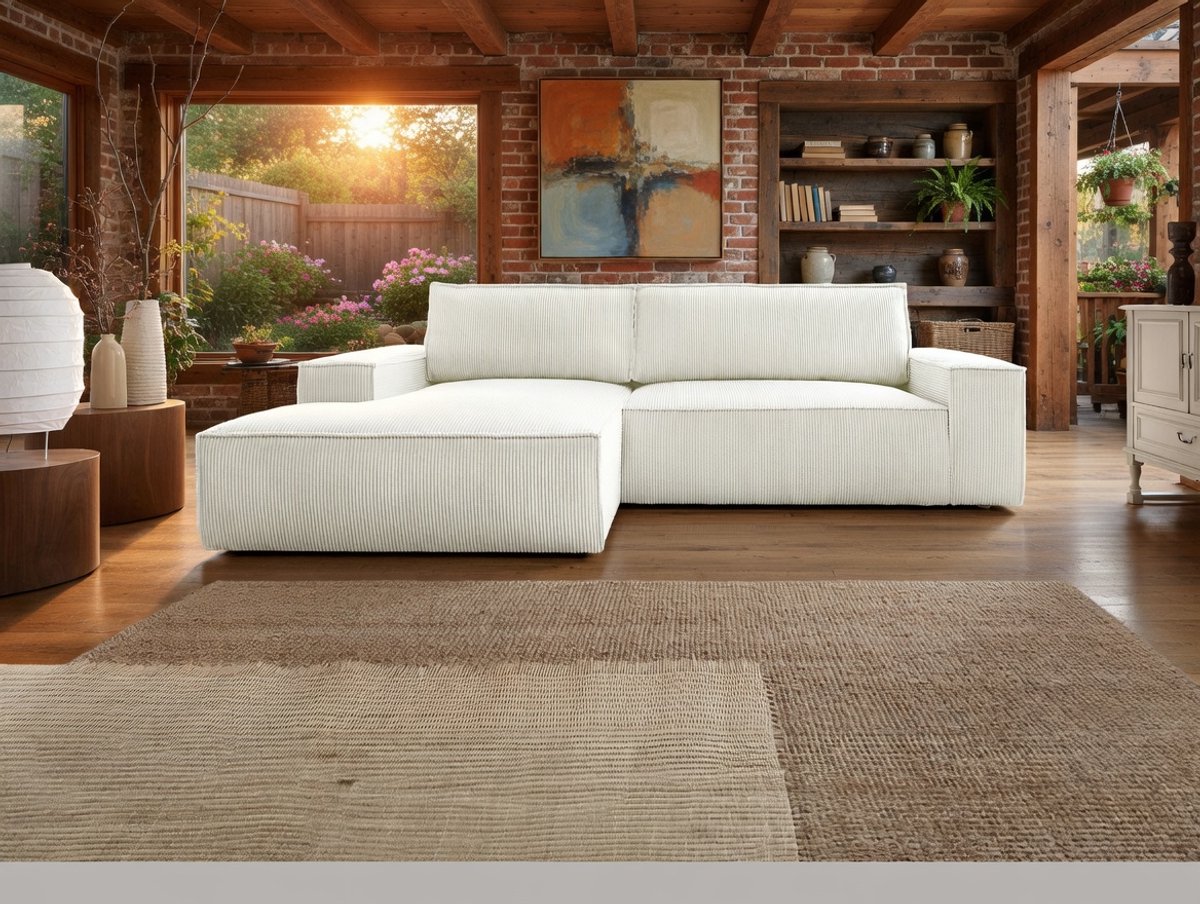 Slaapbank hoekbank Amelia – Ribfluweel (Corduroy) – 4-zits met Opbergkist – 267x167 cm – wit– Bellavero