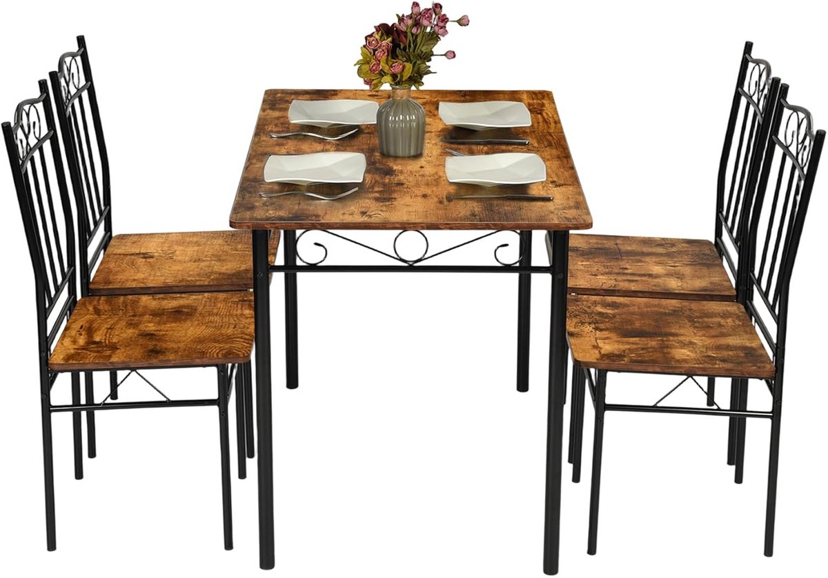 Eettafel met 4 Stoelen Rustiek Industrieel Ontwerp Metalen Frame Houten Afwerking