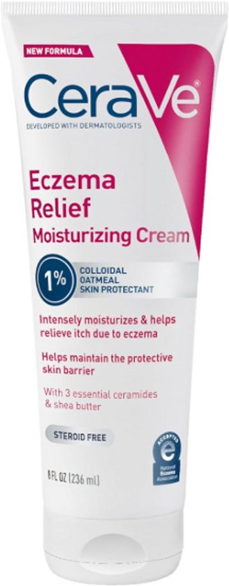 Een witte tube CeraVe Eczema Relief Moisturizing Cream met roze en blauwe letters.