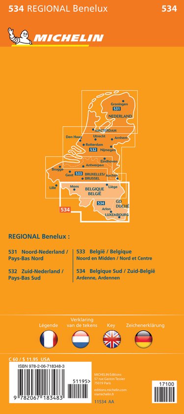 Michelin kaart 534 REGIONAL Benelux met een kaart van Nederland en België.