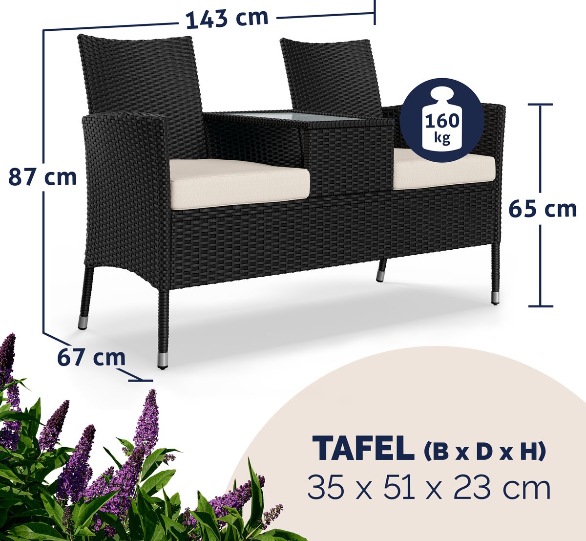 Polyrotan 2 zits Tuinbank Creme 143x55x88cm (Tafels-Stoelen