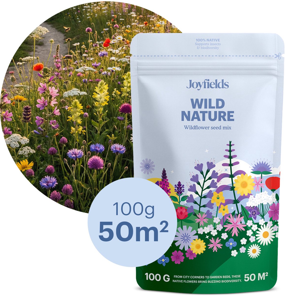 Joyfields Wild Nature - Wildbloemenmengsel - 100 gram (50 m²) - 25+ Inheemse Bloemsoorten - Lokt bestuivende insecten - Meerjarige wilde bloemen
