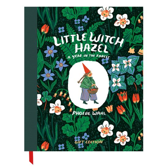 Boek "Little Witch Hazel - A Year in the Forest" met een illustratie van een meisje met een mandje in een bos met bloemen en bladeren.