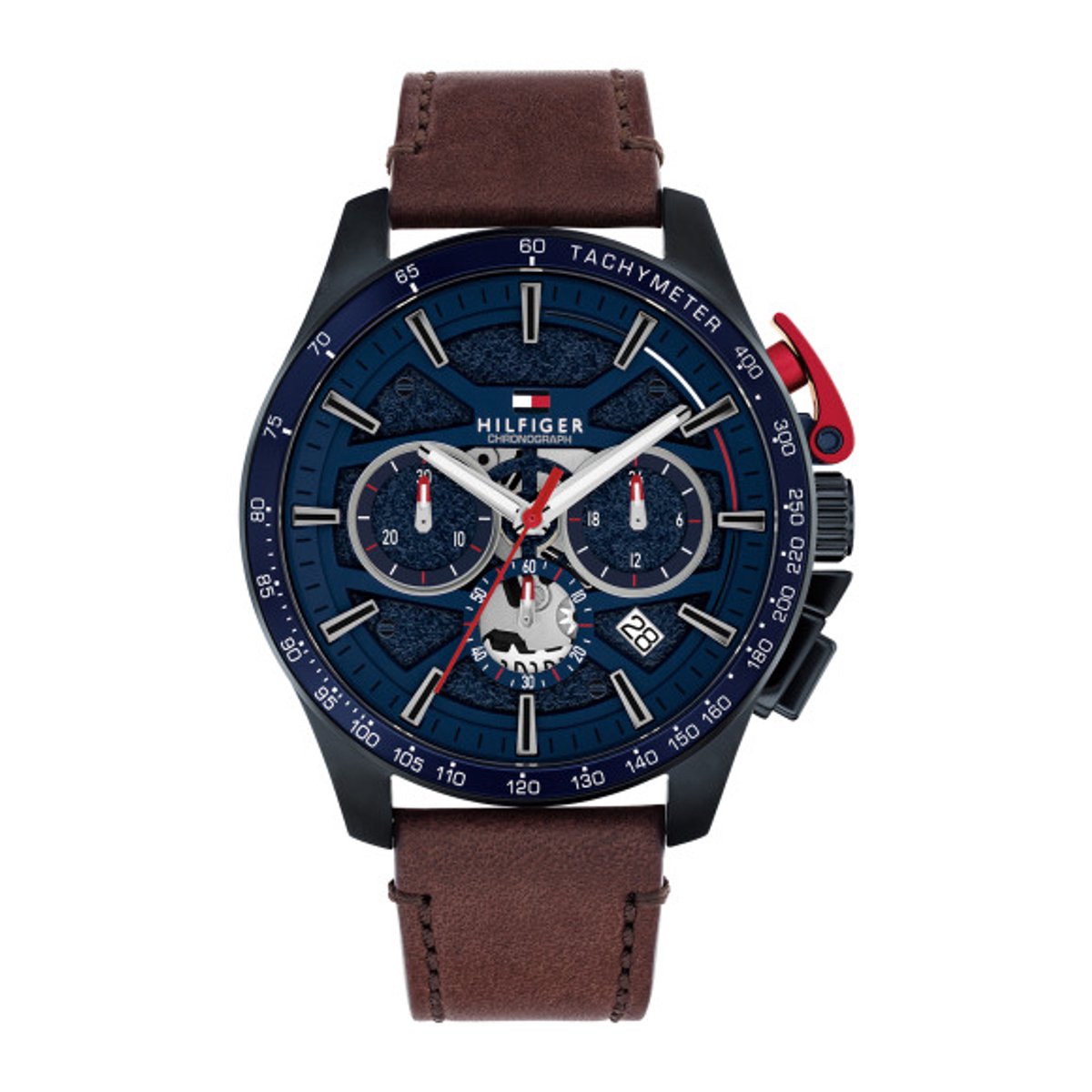 Tommy Hilfiger Chrono Horloge, Bruine Lederen Band, Blauwe Wijzerplaat, Stalen Kast Blauwe Pvd, Datum, 44Mm, 5 Atm, 1792268