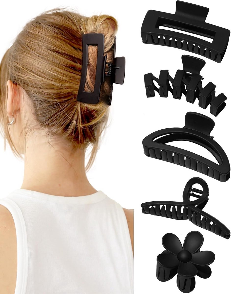Set van 5 Grote Matte Zwarte Haarklemmen voor Dik en Lang Haar