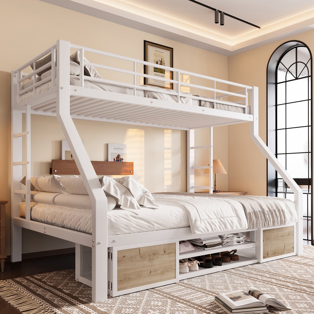 Wishdor Stapelbed 90x200 & 140x200 cm - Schoenenkast, opbergvakken & ladder - Metaal en MDF - Wit - Georganiseerd stapelbed voor de gedeelde kinderkamer