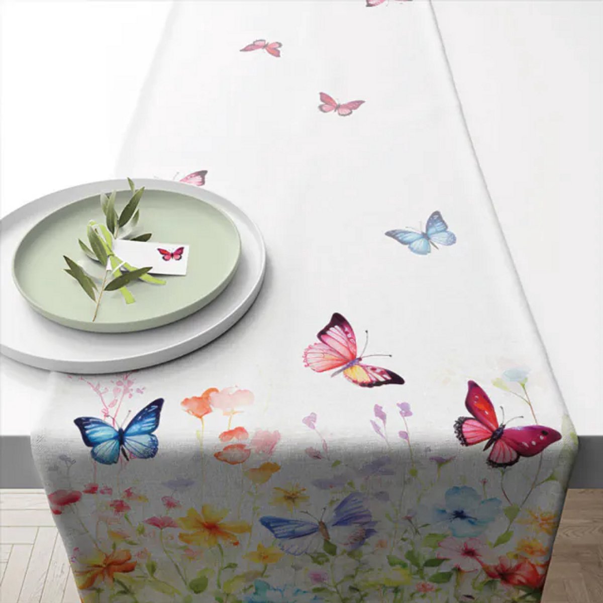 Ambiente - Zomerse tafelloper met vlinders en bloemen 40x150cm - Butterflies in field white