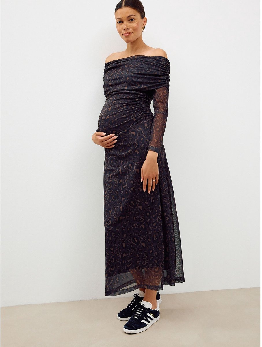 Next Dames - Bardot mesh zwangerschapsjurk - Zwart Black Animal Print